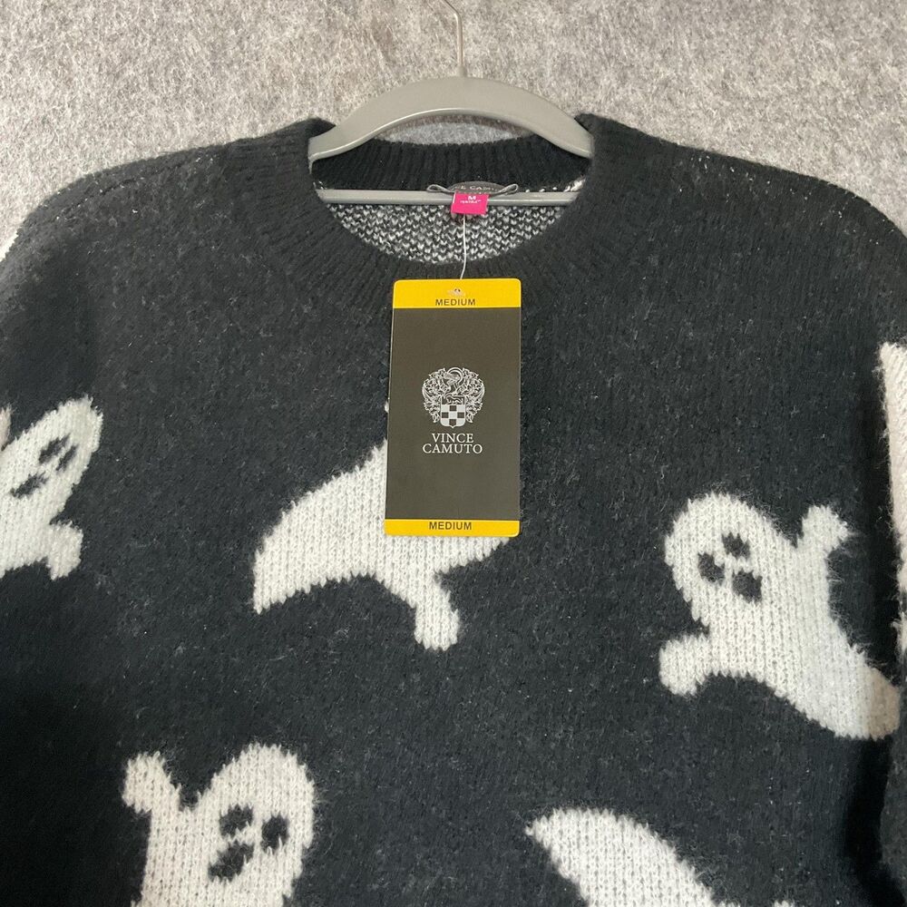 Vince Camuto Sweater Womens Medium Black Ghost Halloween Knit Pullover New - Picture 2 of 11